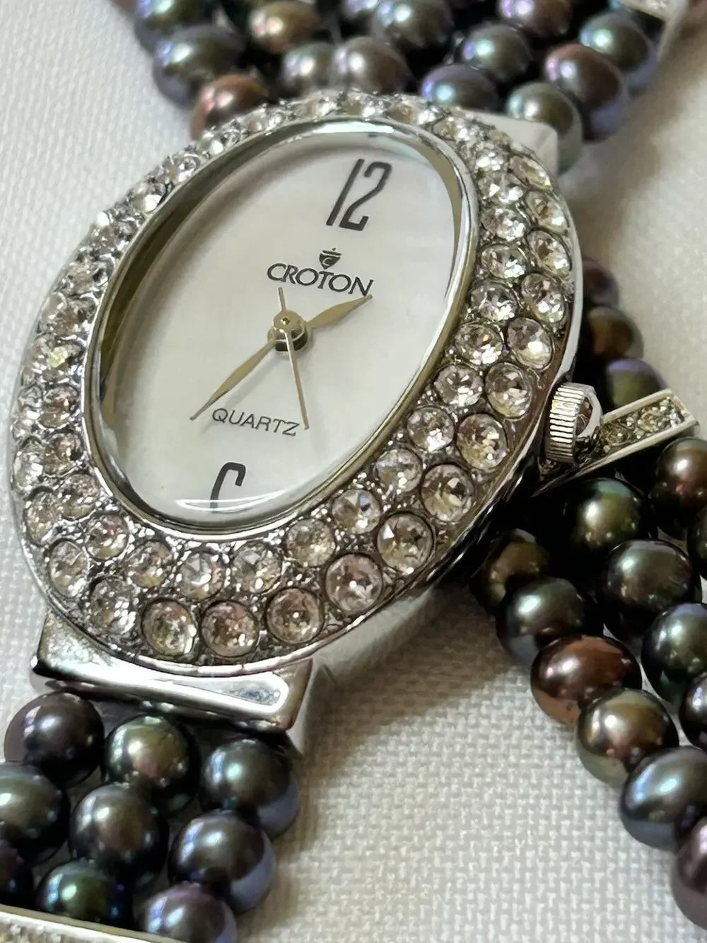 Croton Women's Mother of Pearl Watch & Bracelet Set Crystal Halo Tahitian Pearl